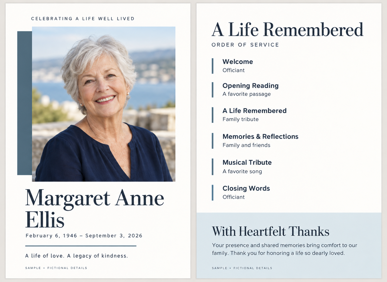 Quiet Reflection memorial program sample, showing the personalized portrait front and order-of-service back